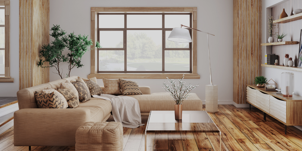 hardwood flooring in living room with neutral palette and wood accents